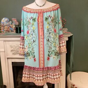 Umgee Mint Green And Pink Floral Off‎ The Shoulder Dress